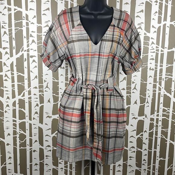 French Connection Plaid Soft Flannel Belted Puff Sleeve Dress 4 - Picture 1 of 12